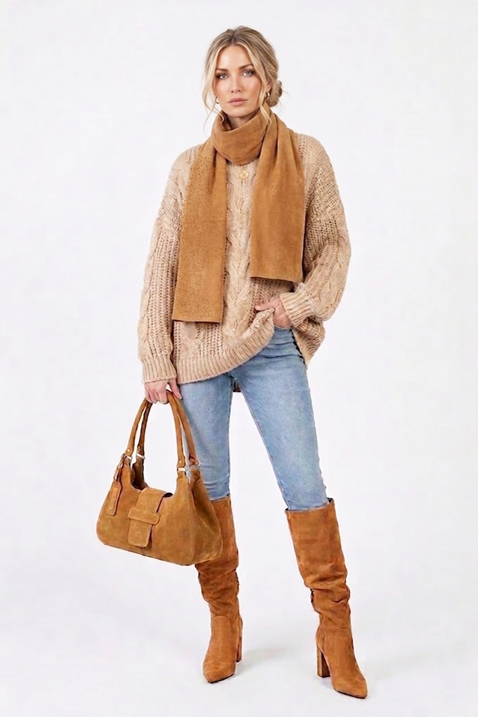 Dress custom-made formal knee-high boots in camel beige leather with high block heels and pointed toe - Worn view